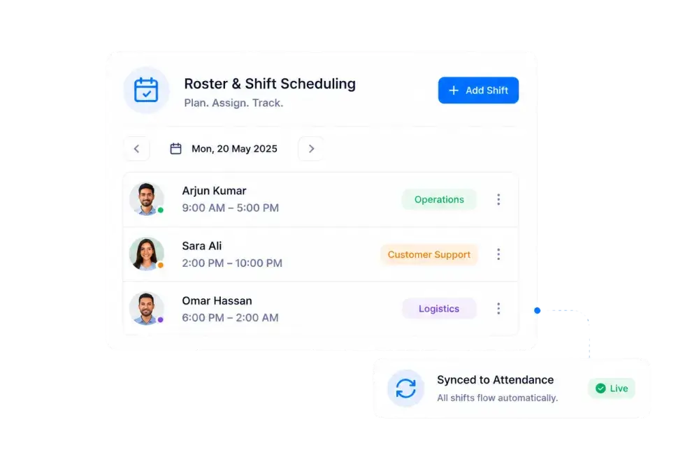 Roster and shift scheduling screen assigning shifts to three employees, synced to attendance