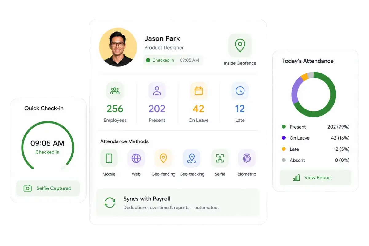 Attendance management software dashboard showing employee check-in and check-out times