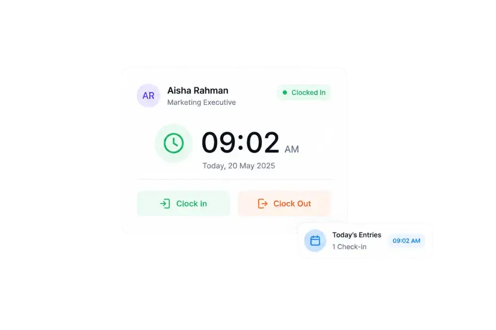 Workplus HCM check-in card showing an employee clocked in at 09:02 with check in and check out controls