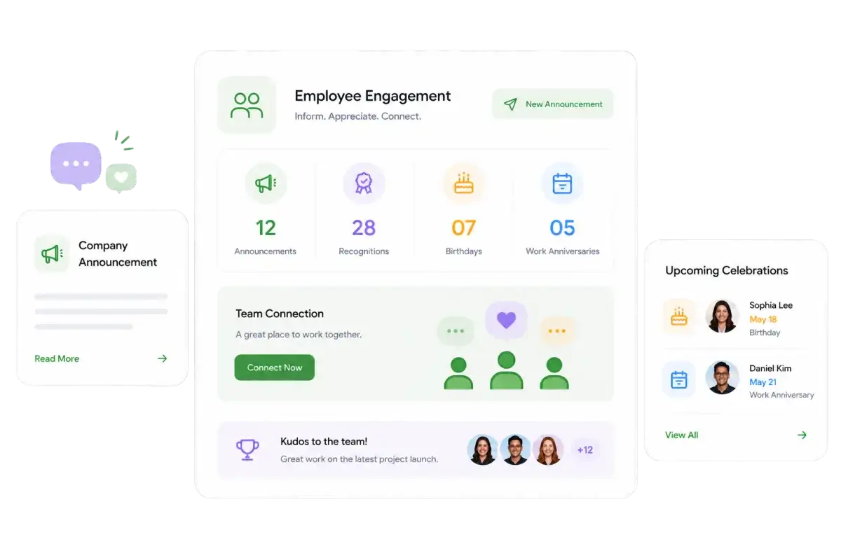 Employee engagement module for announcements, celebrations and workplace communication