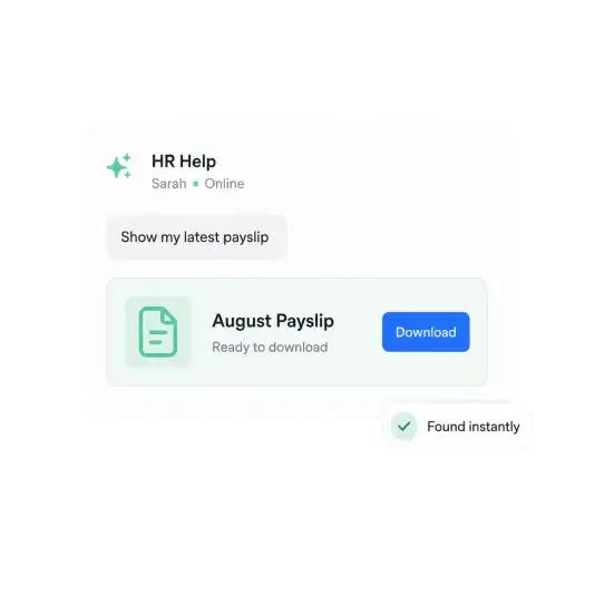 Sarah in the Workplus HCM HR Help chat finding an employee's August payslip, ready to download