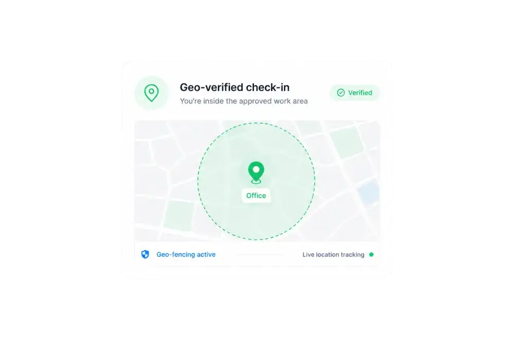 Geo-verified check-in showing an employee inside the approved work area on a map