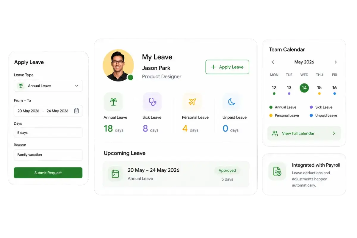 Leave management module showing employee leave requests and status
