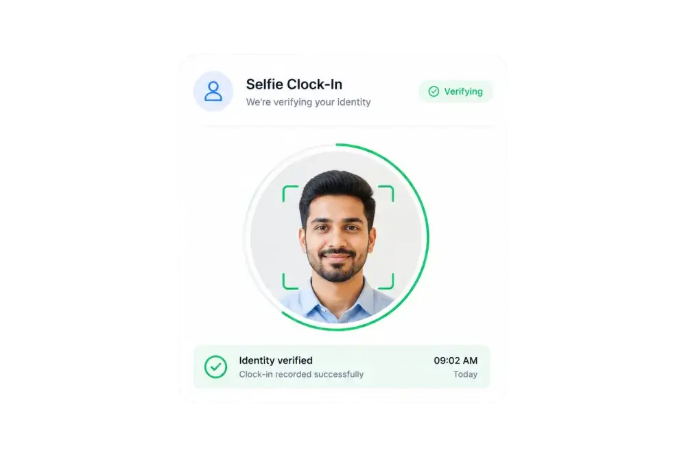 Selfie clock-in screen verifying an employee's identity by face match