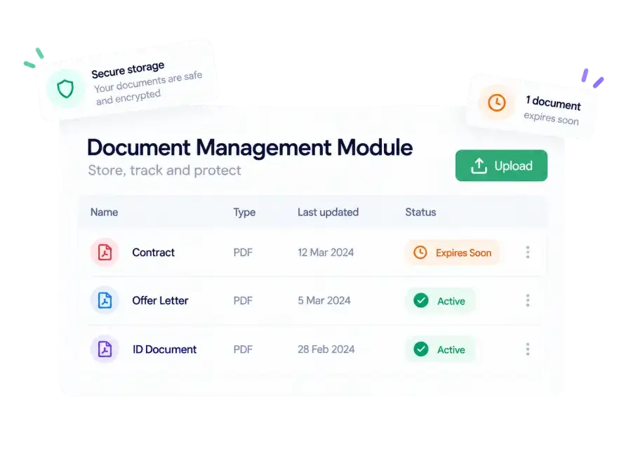 Document management in HR software in Qatar showing contracts, access permissions and version history