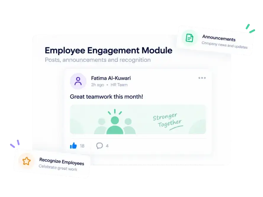 Employee engagement in HR software in Qatar showing announcements, social posts and recognition