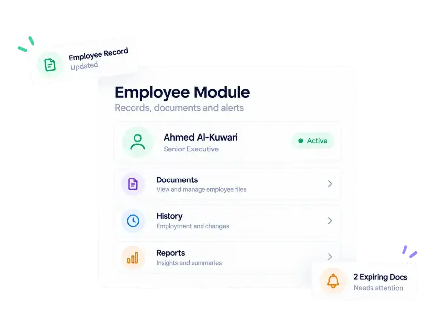Employee management in HR software in Qatar showing an employee profile with documents and expiry alerts