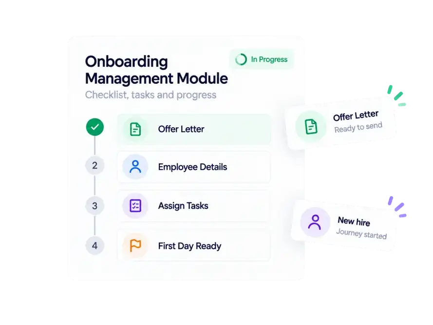 Employee onboarding in HR software in Qatar showing a checklist, digital offer letter and task progress