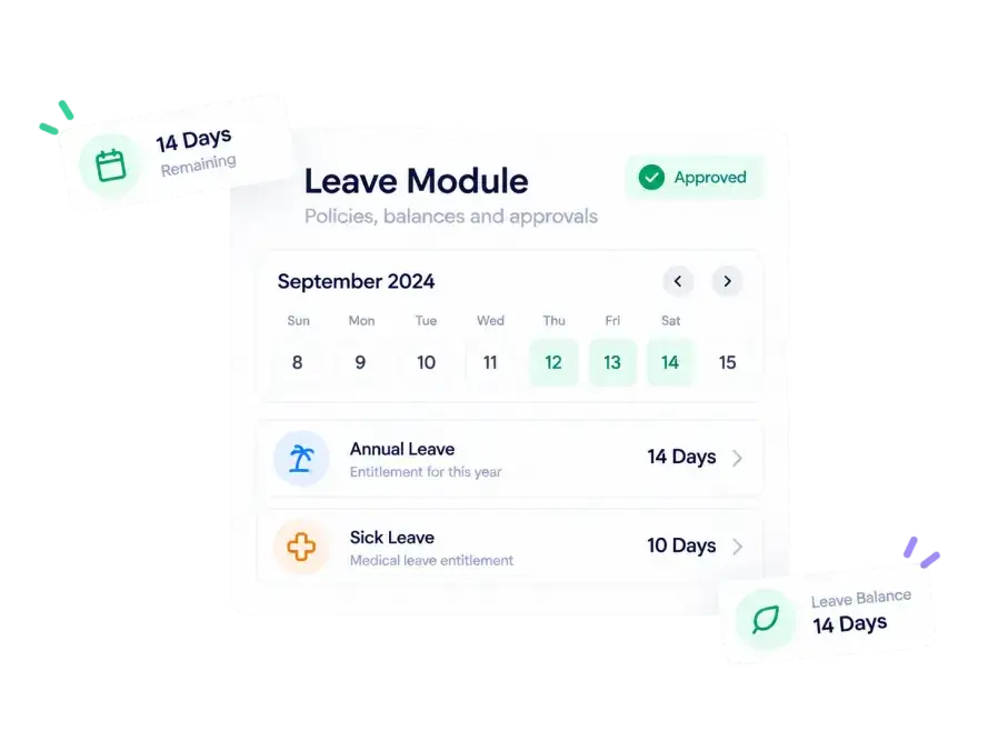 Leave management in HR software in Qatar showing leave types, approval workflow and leave balances
