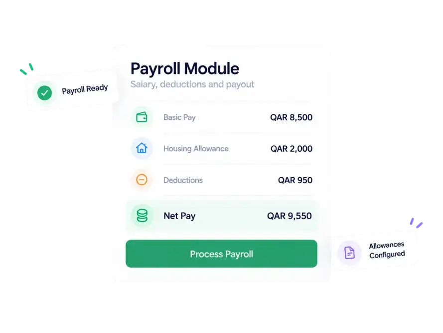 Payroll management in HR software in Qatar showing a payroll run with overtime, deductions and rewards